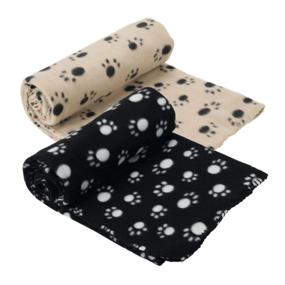 A black and a cream bunty pet fleece blanket.