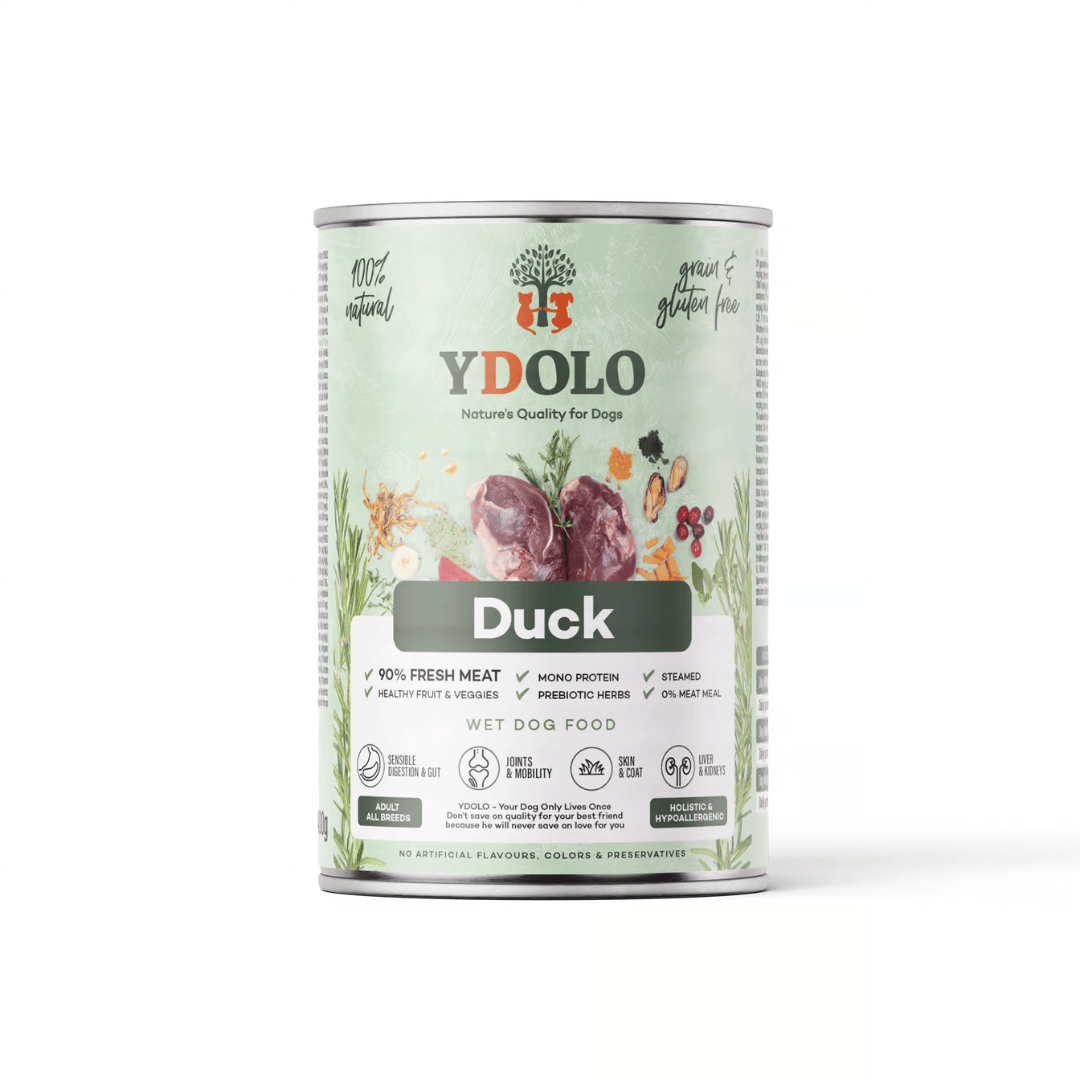 YDOLO Duck Wet Food 400g tin against a white background.