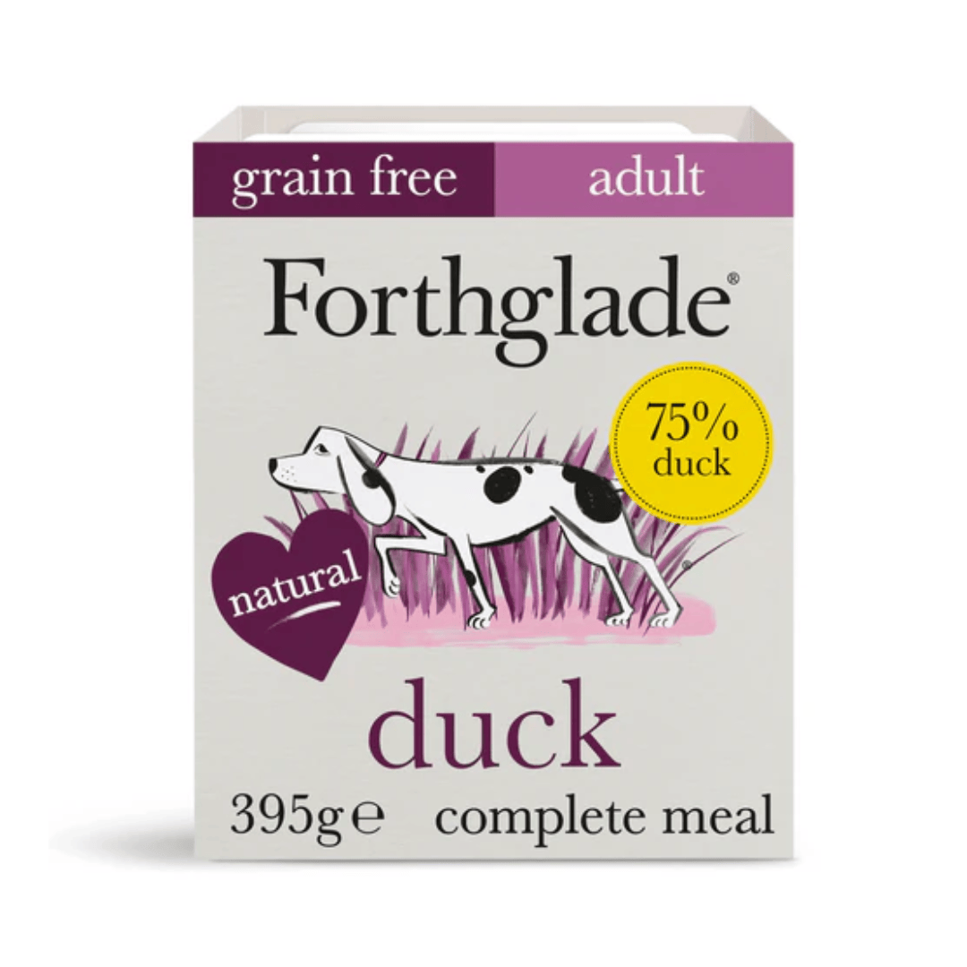 Forthglade Duck grain free wet dog food tray against a white background.