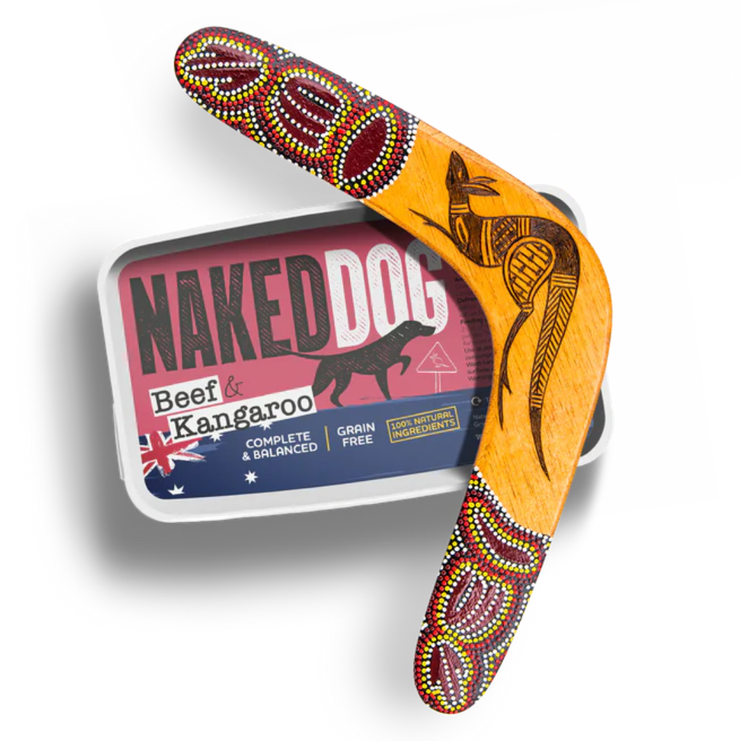 Naked Dog Raw Original Beef & Kangaroo Raw food. Against a white background. There is a boomerang on top of the product.
