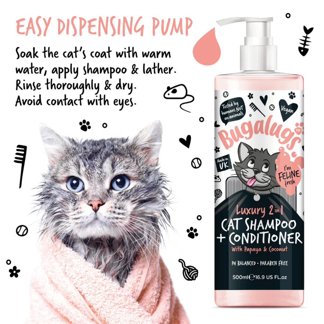 In this image there is a cat with a damp coat and a towel wrapped around their body. There is a bottle of Bugalugs 2 in 1 Cat Shampoo & Conditioner beside the cat. Benefits of the easy use ump listed here.