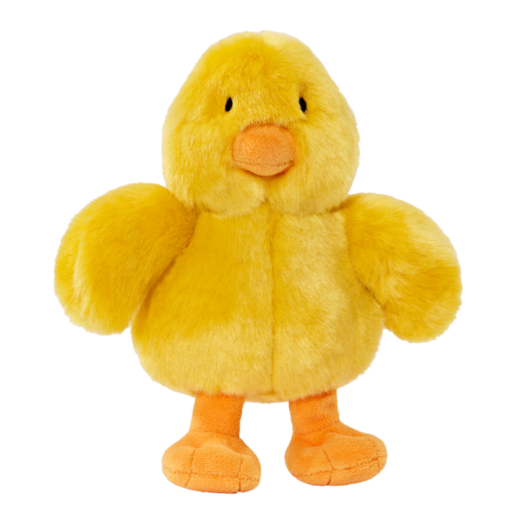 Fluff & Tuff Howie Duck Plush Dog Toy against a white background. Toy is a yellow colour with an orange beak and feet.