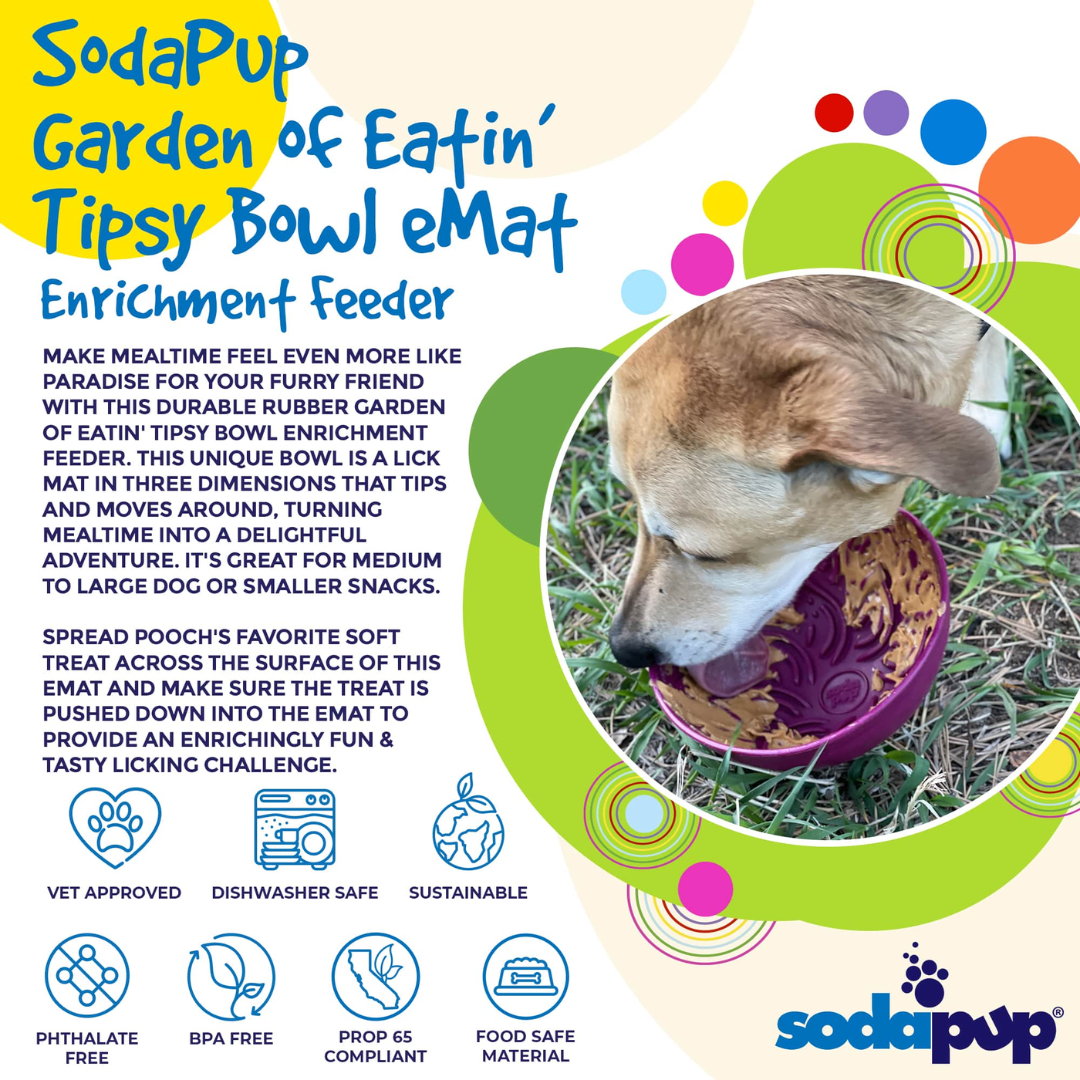 An informative infographic from Sodapup that explains all benefits of the Garden of Eatin' Tipsy Bowl. This includes instructions of use and care instructions.