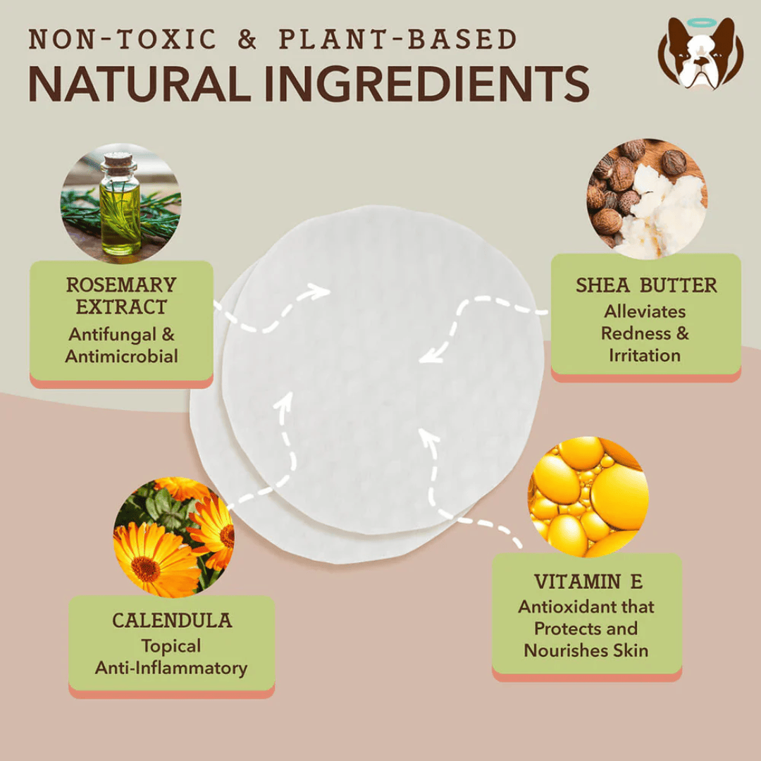 An infographic of all the ingredients and benefits they bring of the Natural Dog Company Wrinkle Wipes