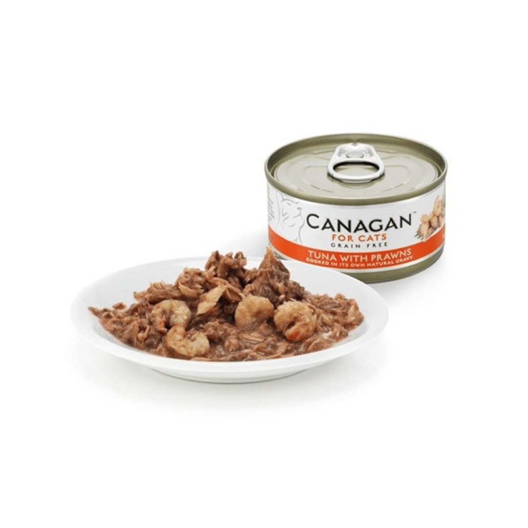 Canagan Tuna with Prawns Cat Food Tin 75g alongside it served on a plate.
