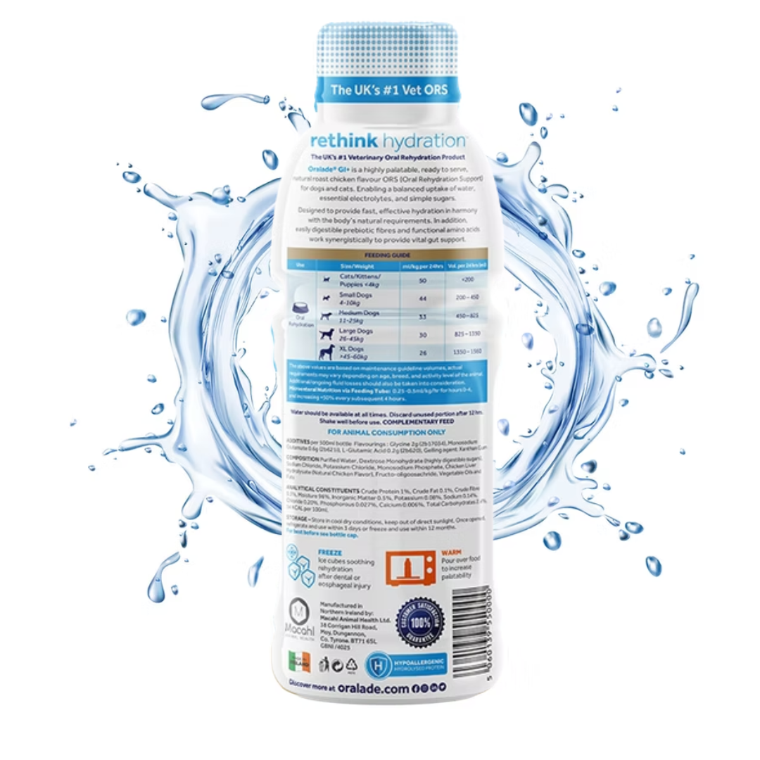 The back of Oralade Advanced GI+ 500ml against a white background. There is a splash of water surrounding the bottle.