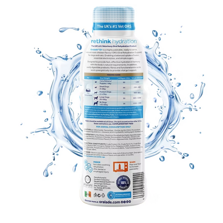 The back of Oralade Advanced GI+ 500ml against a white background. There is a splash of water surrounding the bottle.