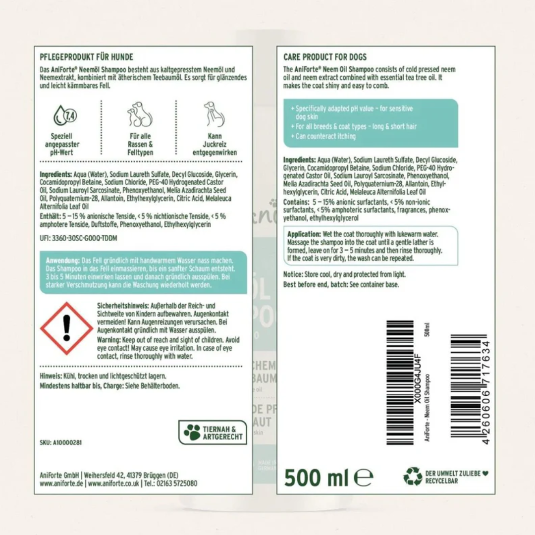 The label off of the bottle of Aniforte Neem Oil 500ml.