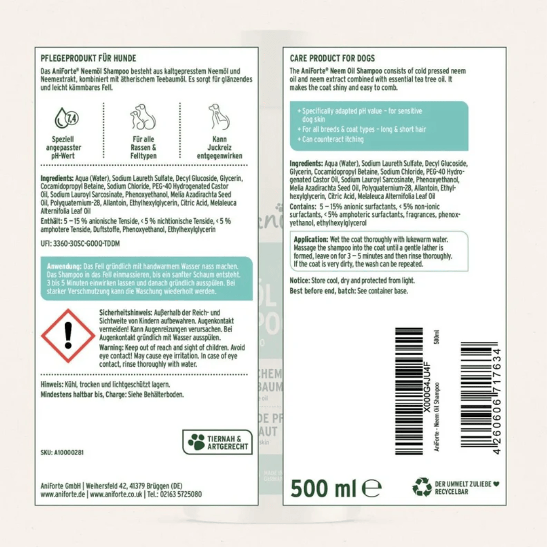 The label off of the bottle of Aniforte Neem Oil 500ml.