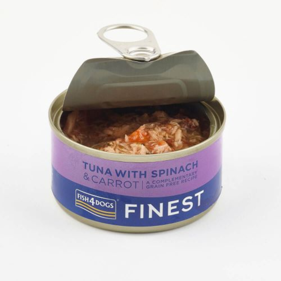 Fish 4 Dogs Finest Tuna with Spinach and Carrot open 85g against a white background.