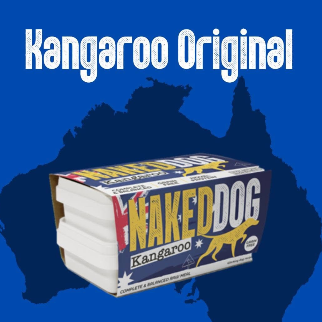 Naked Dog Original Raw Kangaroo 1kg against an Australian map in the background.
