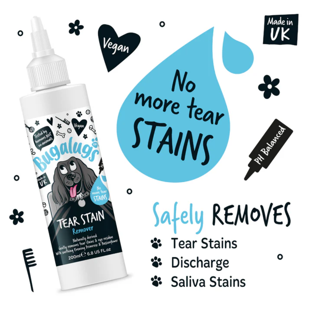 Infographic from Bugalugs website of their Tear Stain Remover. Listing what this product can remove.