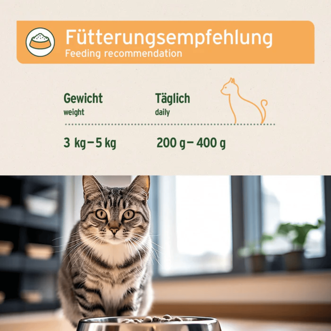 Feeding guidelines for PureNature wet food - 3-5kg body weight equals 200-400g
