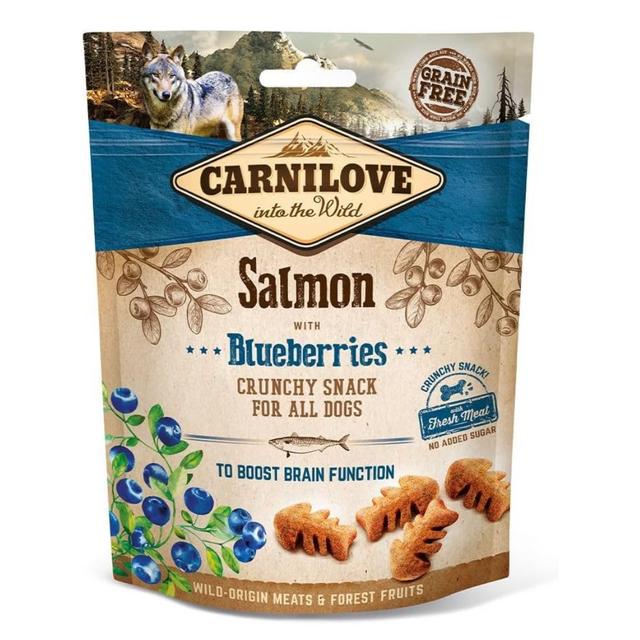 Carnilove Salmon with Blueberries Crunchy Dog Treats. The packet is against a white background.