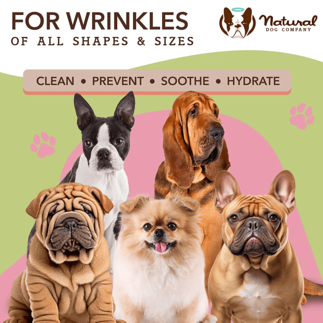 An infographic Natural Dog Company Wrinkle Wipes it states Clean - Prevent - Soothe - Hydrate.