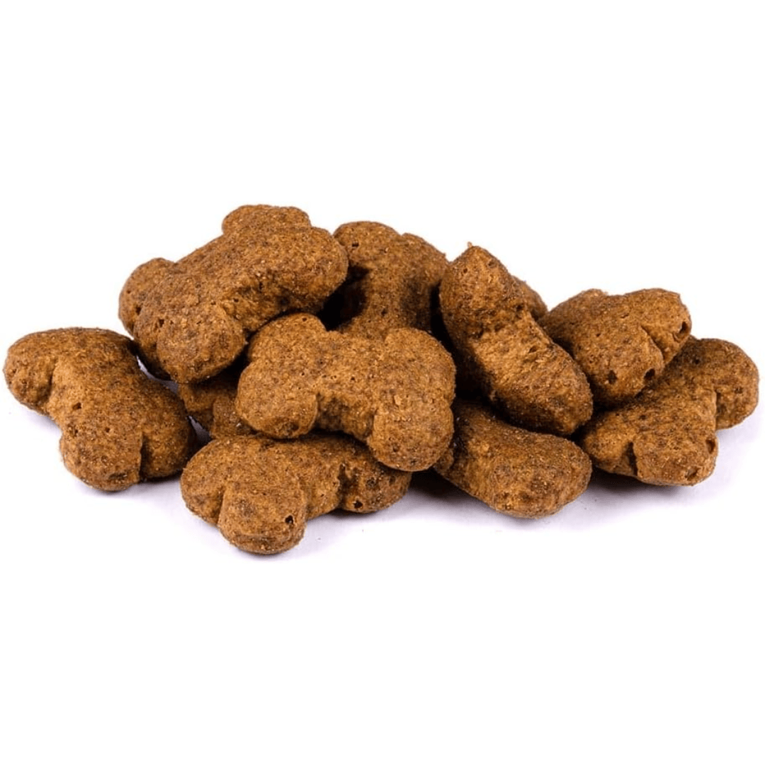 The Carnilove Lamb with Cranberry Crunchy Dog Treats. There is a pile of loose treats against a white background. They are shaped as bones.