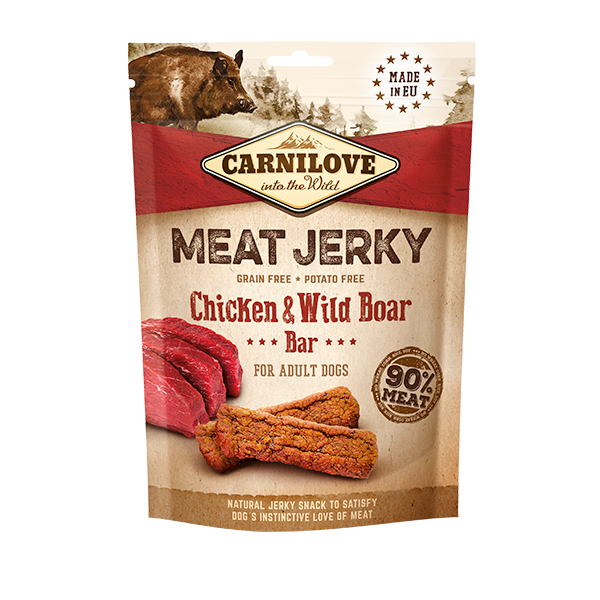 Carnilove Chicken & Wild Boar Jerky Dog Treats. The package is against a white background.