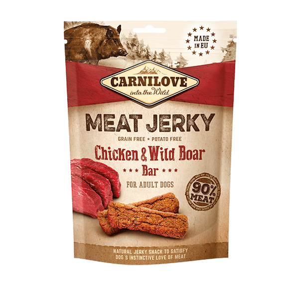 Carnilove Chicken & Wild Boar Jerky Dog Treats. The package is against a white background.