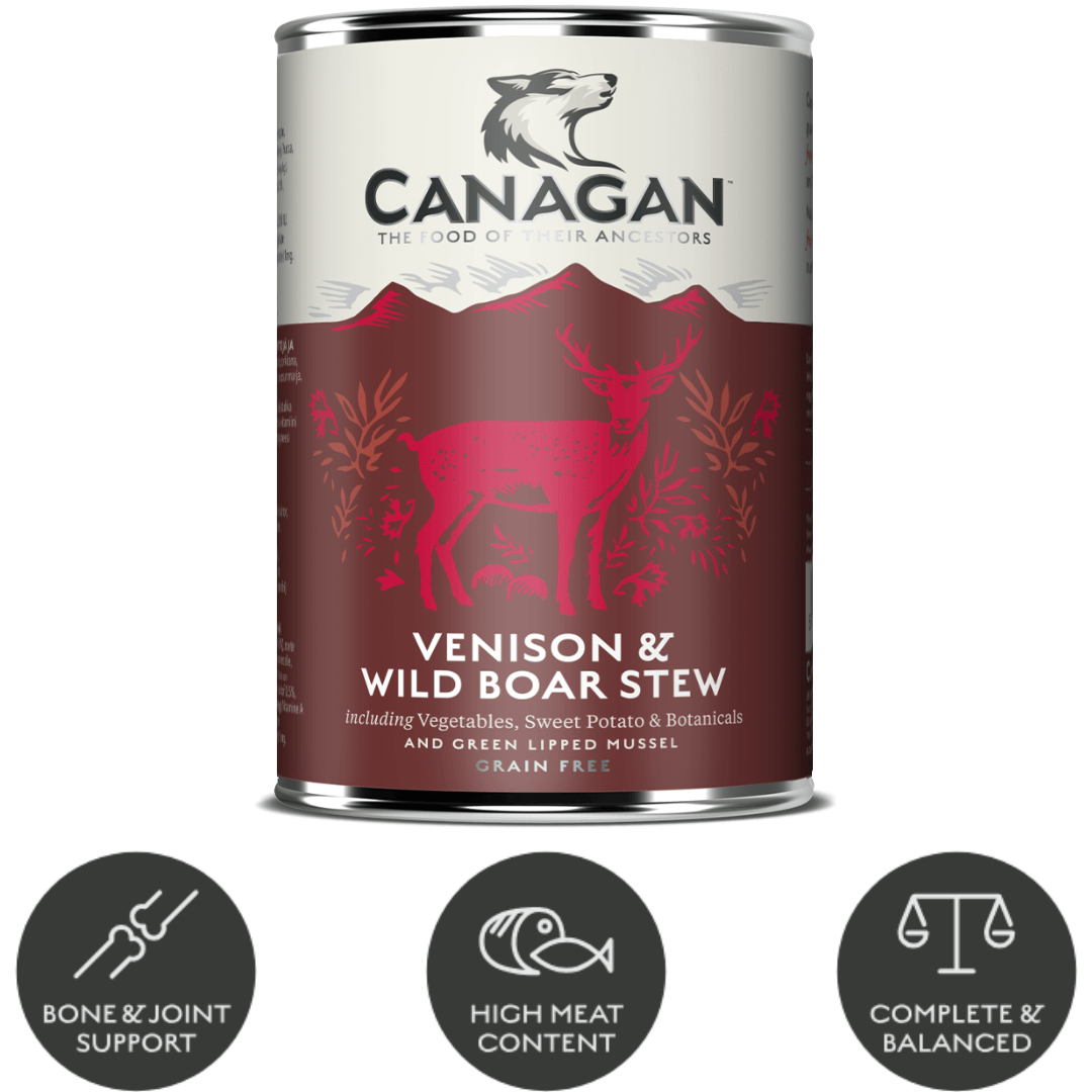 Canagan Venison and Wild Boar Stew Wet Food 400g with its key benefits in bubbles underneath