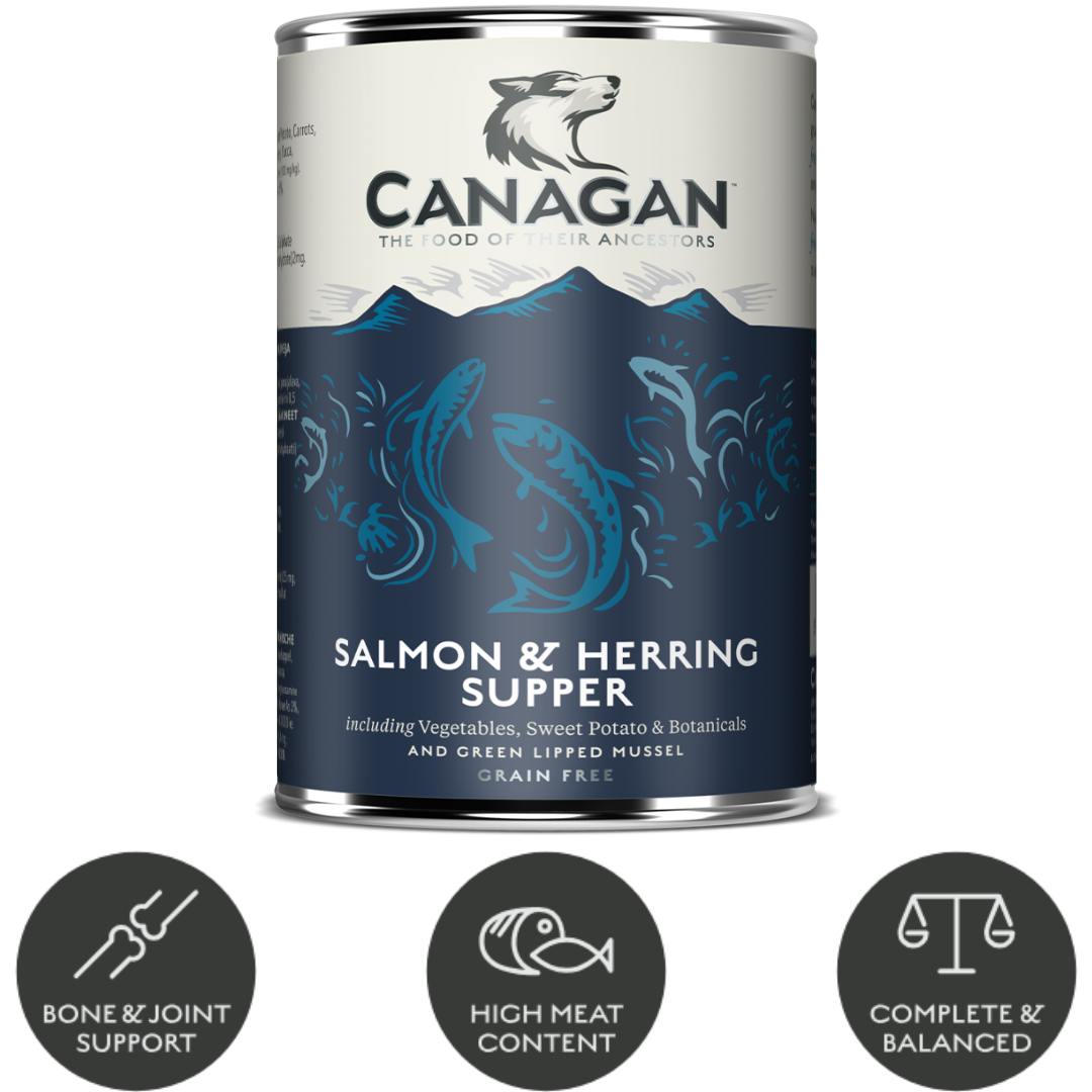 Canagan Salmon and Herring Supper Wet Food 400g tin with its key benefits written in bubbles underneath.