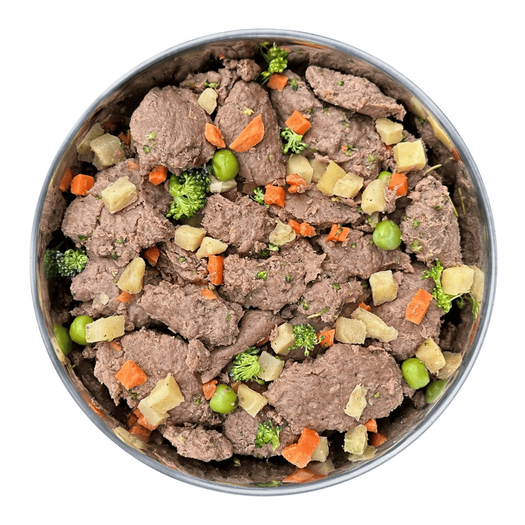 Chunky pieces of horse meat & vegetables from cooked horse menu jar.