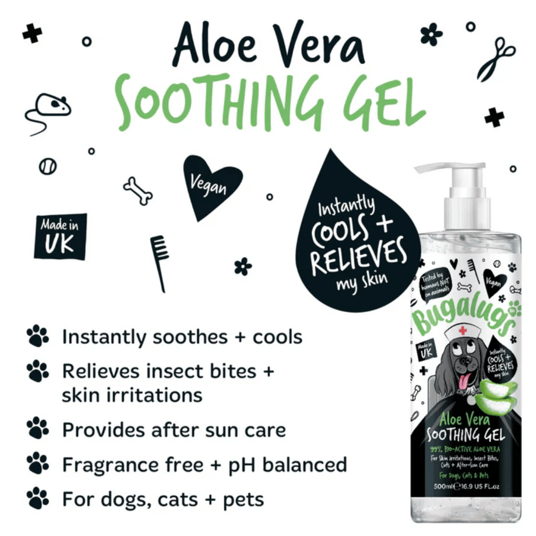 Infographic from the Bugalugs website of their Aloe Vera gel. Listing benefits.