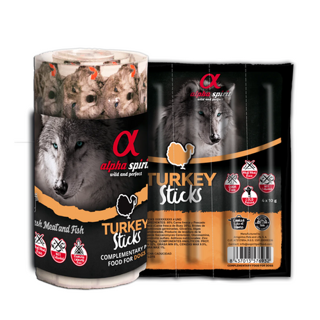 Alpha Spirit Turkey Stick Dog Treats, 4 pack and 16 pack against a white background