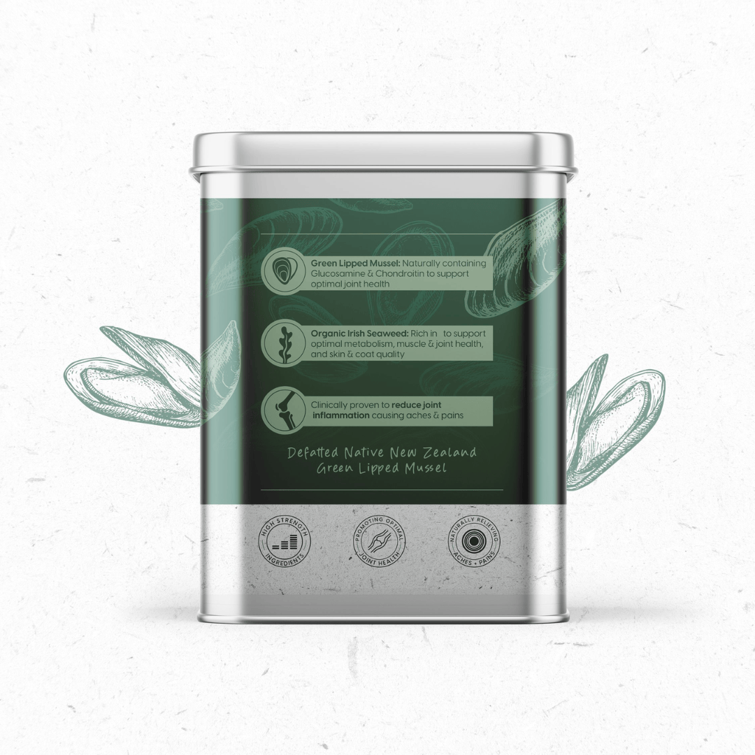 Side of a tin of Natural Vet Co Green Lipped Mussel and Organic Seaweed Blend for pets, showing bullet point benefits.