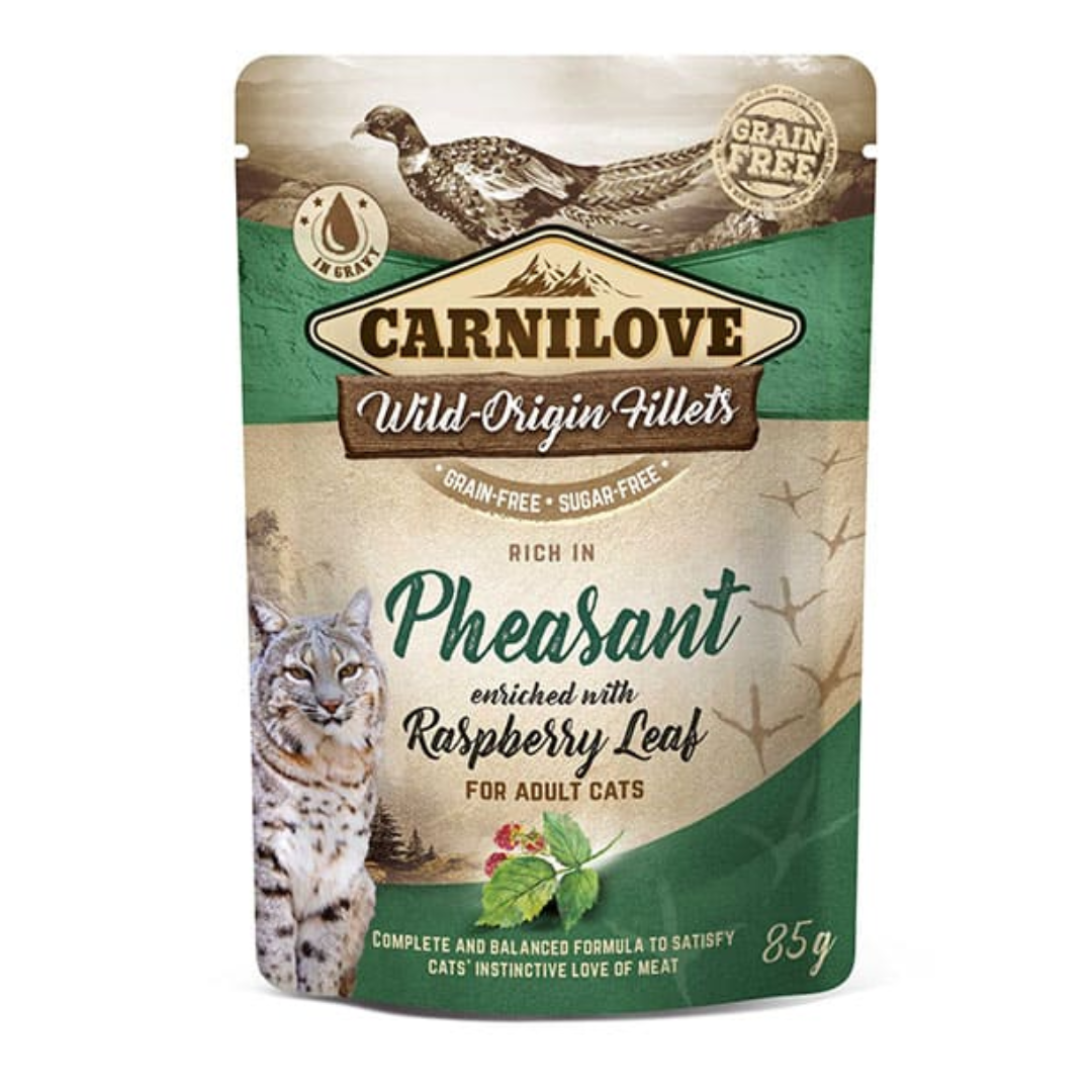 The Carnilove Pheasant with Raspberry Leaf cat food pouch 85g. The packaging is against a white background.