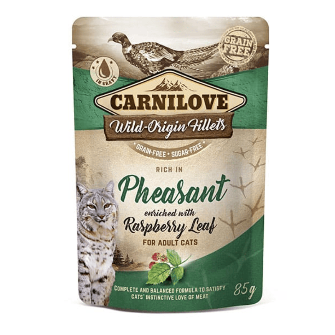 The Carnilove Pheasant with Raspberry Leaf cat food pouch 85g. The packaging is against a white background.
