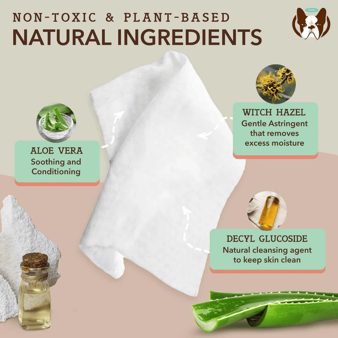The active ingredients in the Packet of Natural Dog Company Grooming Wipes and their individual benefits of use.