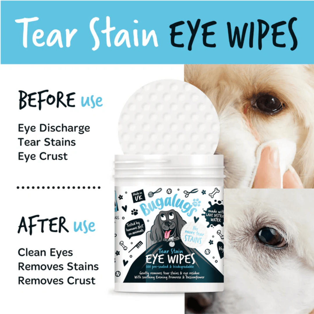 Infographic from Bugalugs website of their Tear Stain Remover. Before and after results are of the use of this product.