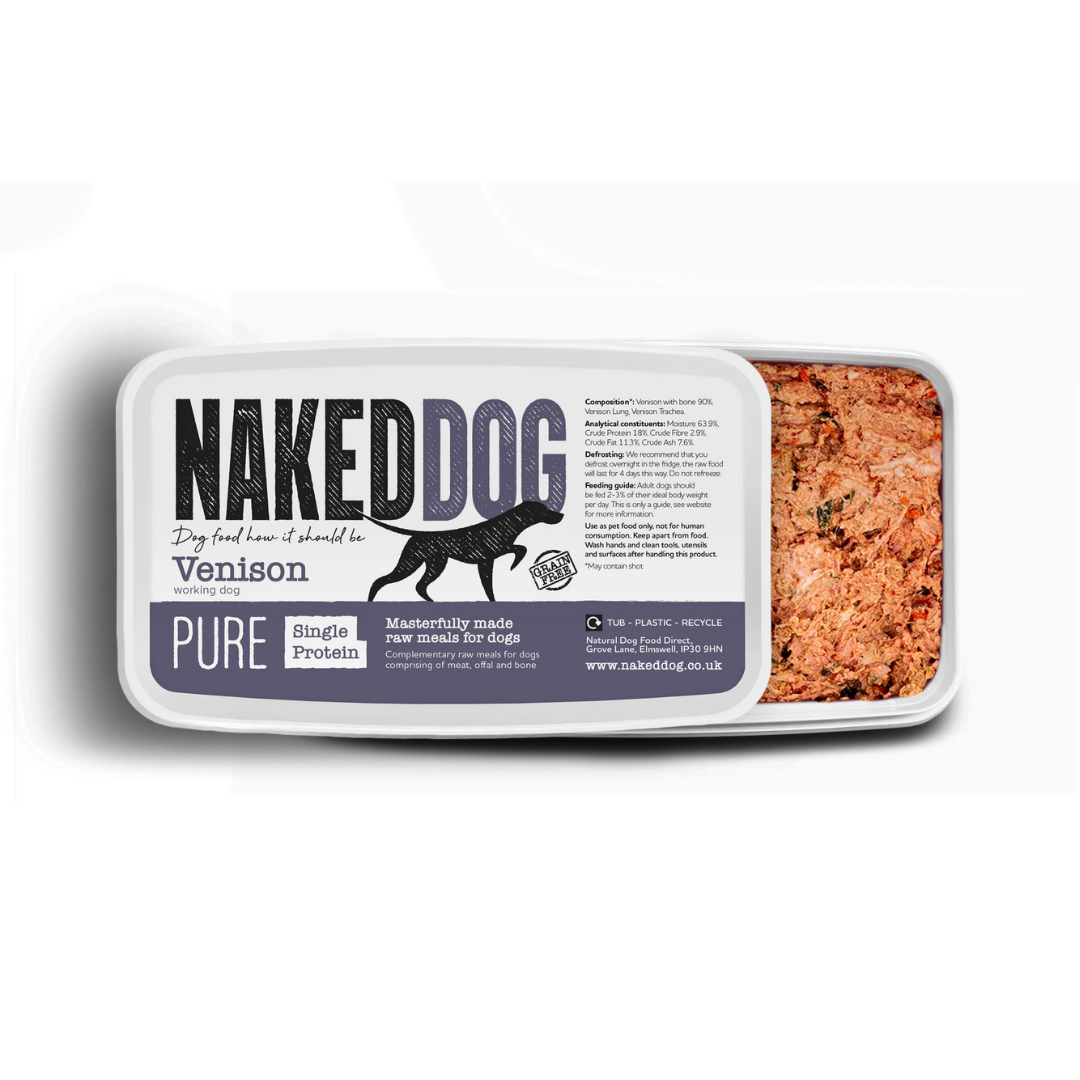 A tub of Naked Dog Raw Pure Venison dog food, showing the product name and a visible meaty content on the top