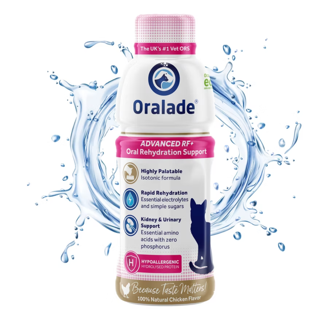 Oralade Advanced RF+ for cats against a white background. There is a splash of water surrounding the bottle.