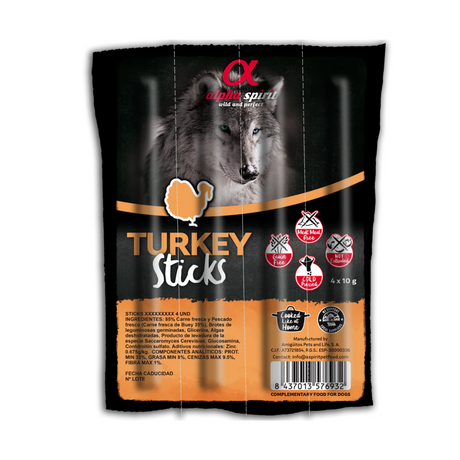 Alpha Spirit Turkey Sticks Dog Treats 4 pack against a white background
