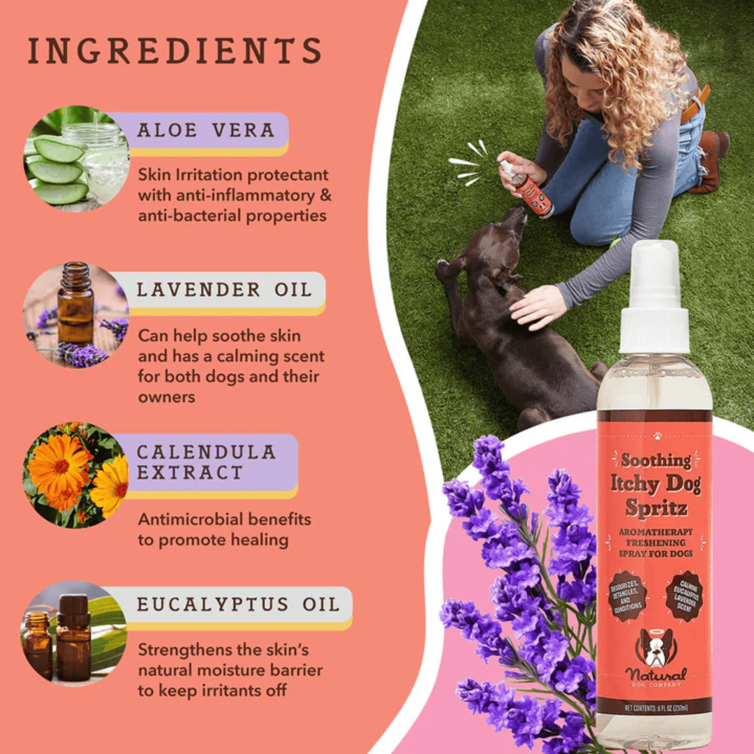 Ingredients in Natural Dog Company Itchy Dog Spritz: Aloe Vera, Lavender Oil, Calendula Extract, Eucalyptus Oil.