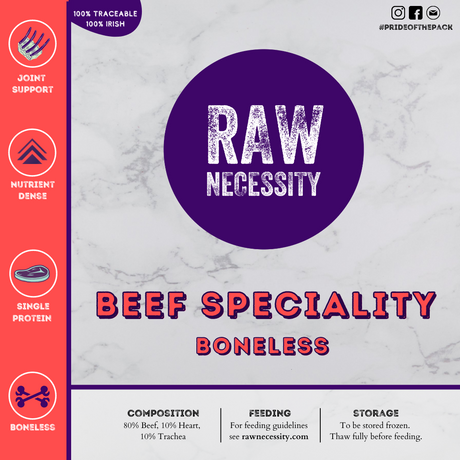 Raw Necessity Boneless Beef Speciality Label.