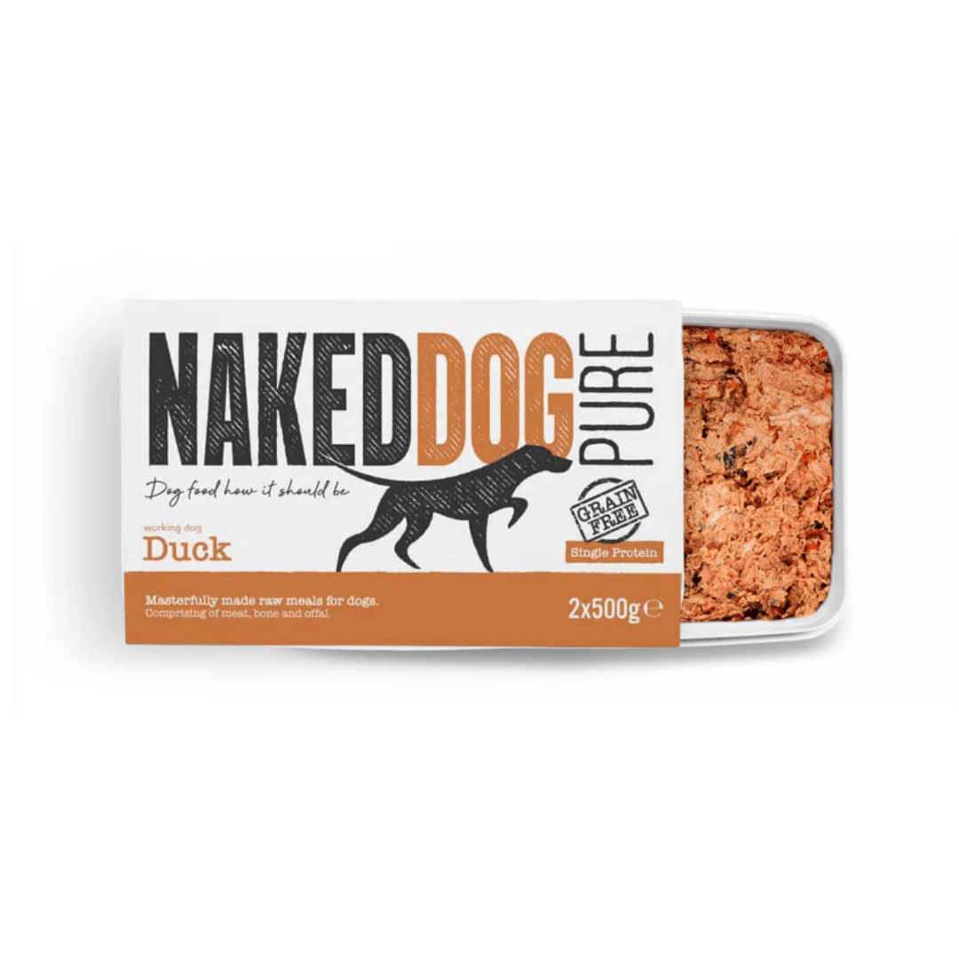 Packaging of Naked Dog Raw Pure Duck dog food, showing a tub with duck meat and the product name and weight clearly displayed.