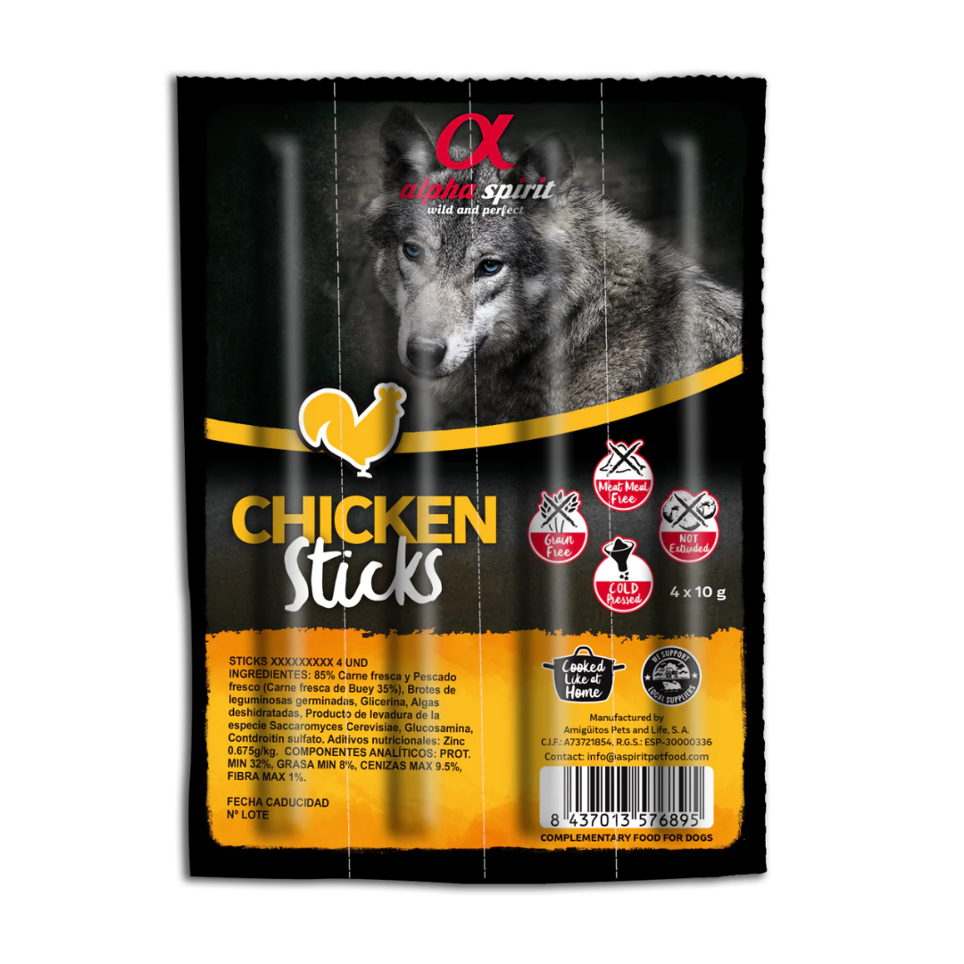 Alpha Spirit Chicken Sticks 4pk against a white background.