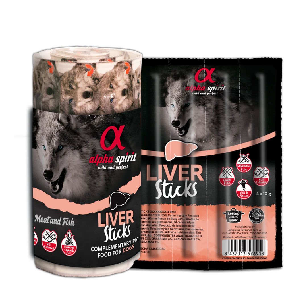 Alpha Spirit Liver Sticks Dog Treats 4 and 16 pack against a white background.