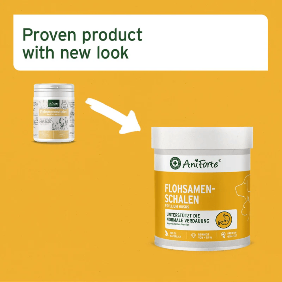 The old and new packaging of the Aniforte Psyllium Husks
