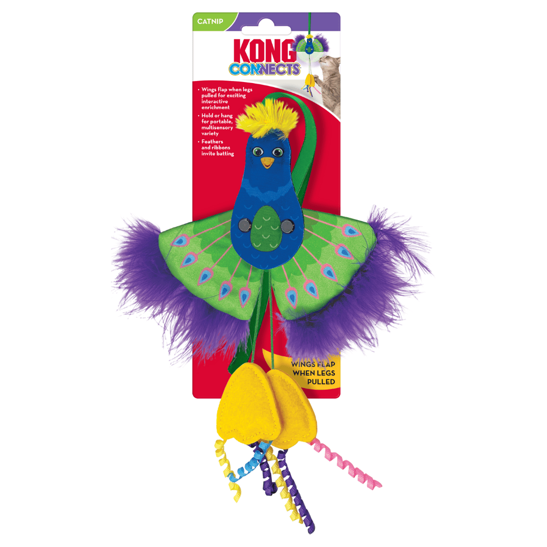 Kong Connects Peacock Cat Toy against a white background. Still has it's packaging that explains it; is infused with catnip and it has a mechanism that makes the wings flap if you pull on it's legs.