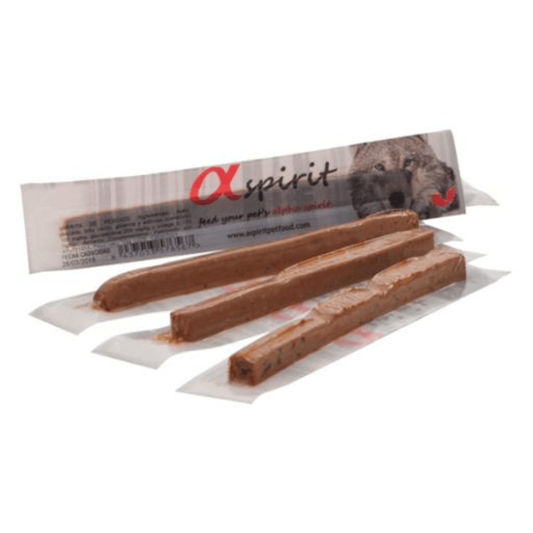 A photo of some loose Alpha Spirit Chicken Sticks. you can see the vacuum packed packaging.