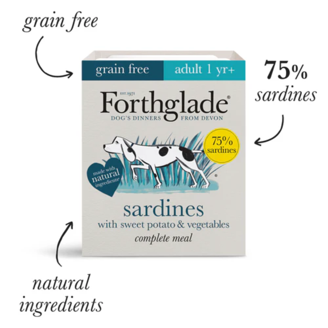 The Forthglade 75% Sardine Wet Dog Food. It is against a white background with "grain free", "75% sardines" and "natural ingredients" written around it.