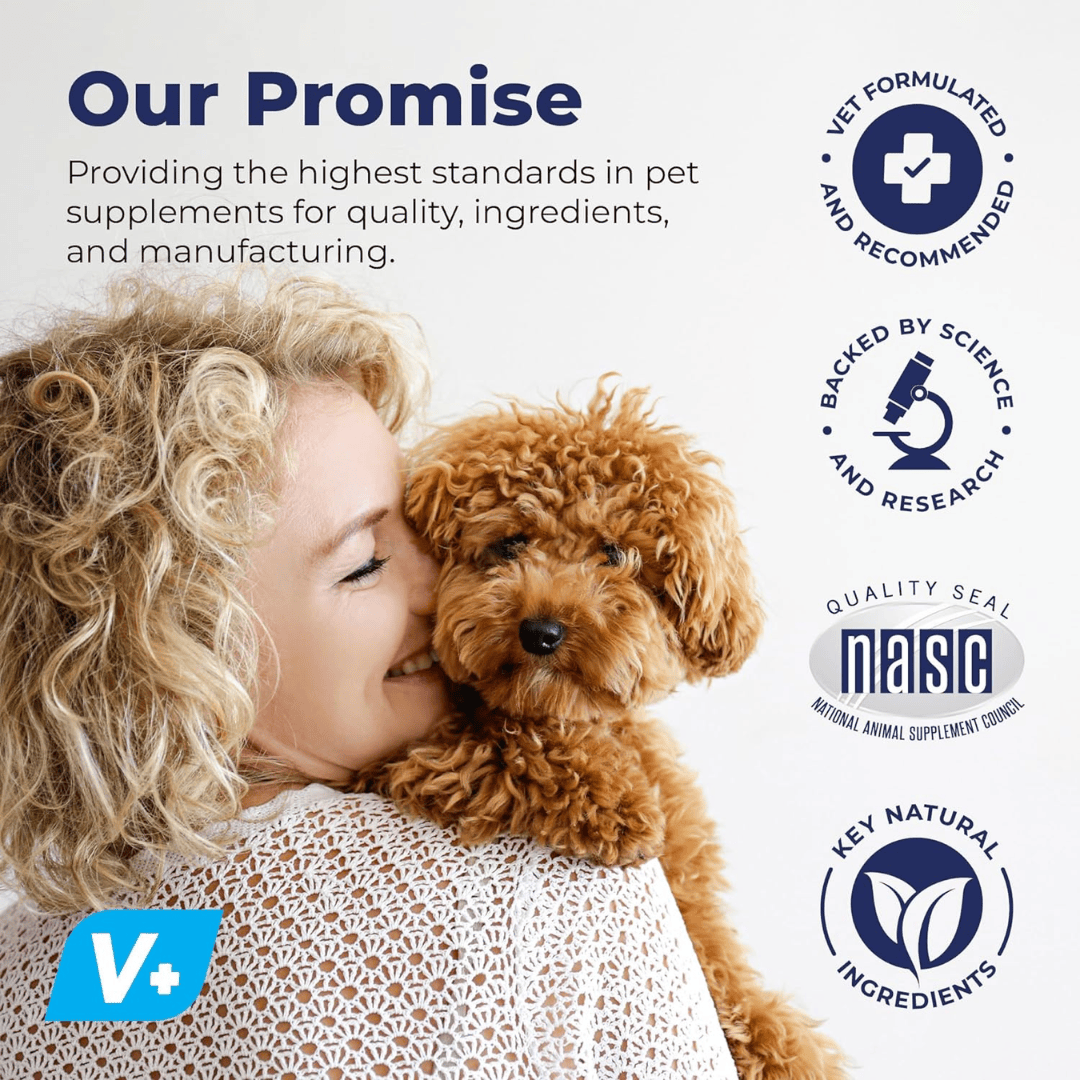 Woman hugging a small red dog with icons and text saying "Vet formulated, backed by science, nasc quality seal and key natural ingredients."