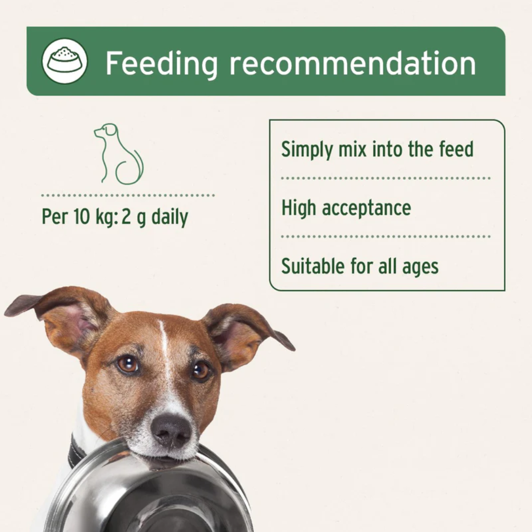 The feeding guidelines for the Aniforte Natural Herb Mix. There is a dog with a bowl in his mouth in the corner