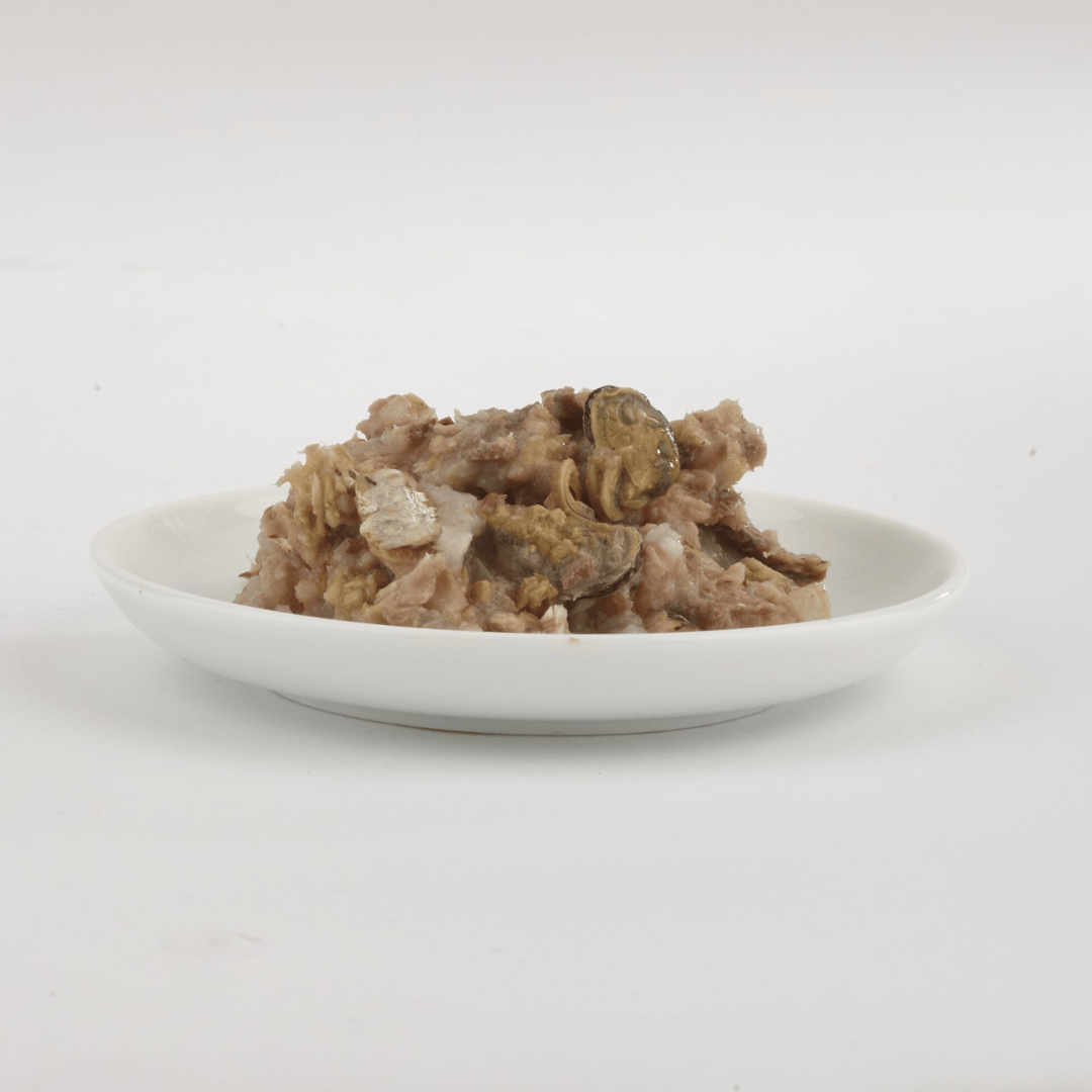 The Fish 4 Cats Tuna with Green Lipped Mussel 70g served on a plate, the tuna and chunky mussels are clear to see