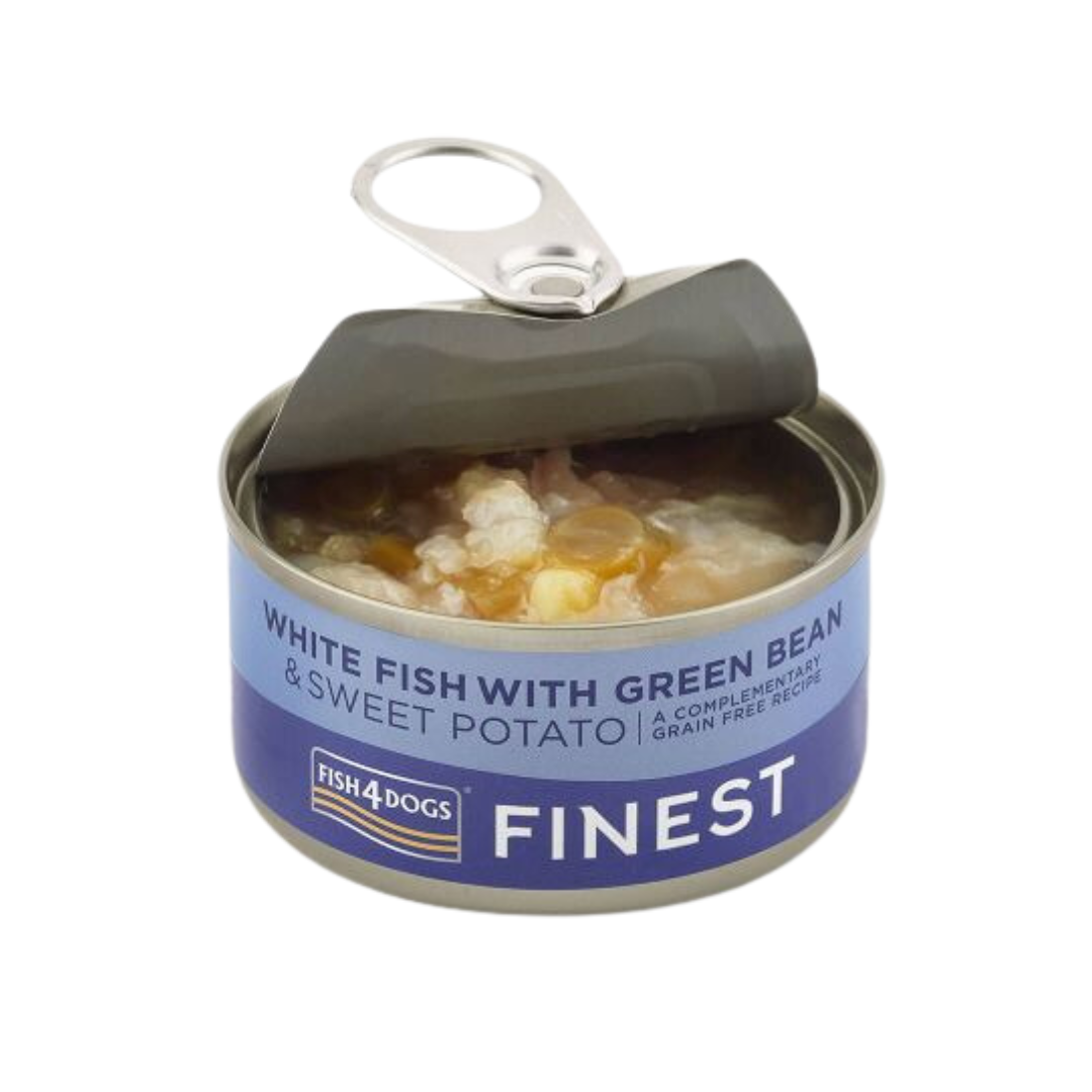 Open tin of Fish 4 Dogs Finest Complimentary White Fish with Green Bean and Sweet Potato wet food.