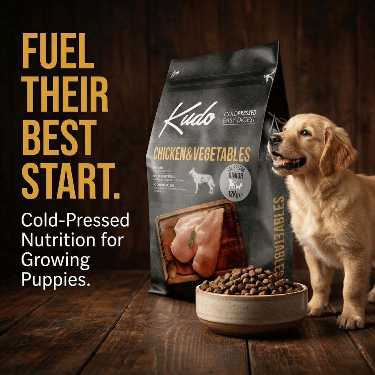 Kudo Chicken & Vegetables dog food package with a puppy on a wooden surface