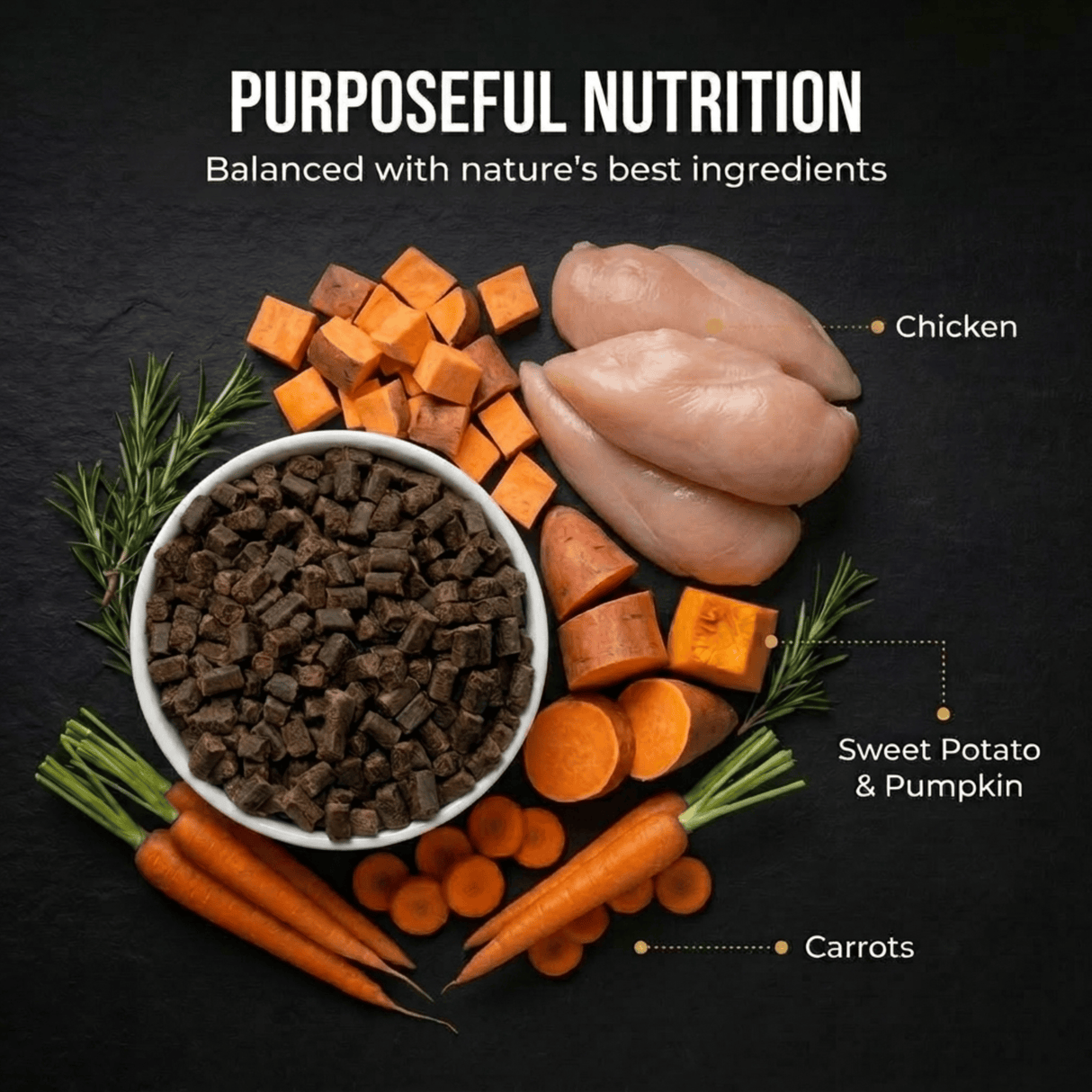 Dog food ingredients including chicken, sweet potato, pumpkin, and carrots on a dark background with 'Purposeful Nutrition' text.